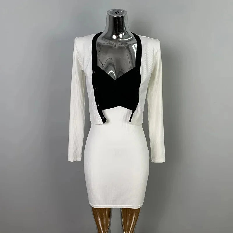 Korean Dongdaemun Slim Fit Sexy Pure Desire Wrap Body Strap Dress Long Sleeve Cardigan Two Piece Set Women's Fashion Outfit