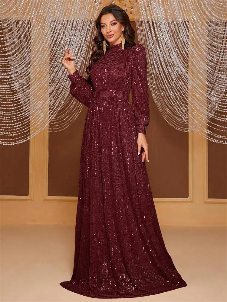 DEERVEADO Evening Dresses Woman Elegant A Line High Neck Full Sleeves Formal Occasion Party Dresses Evening Gowns