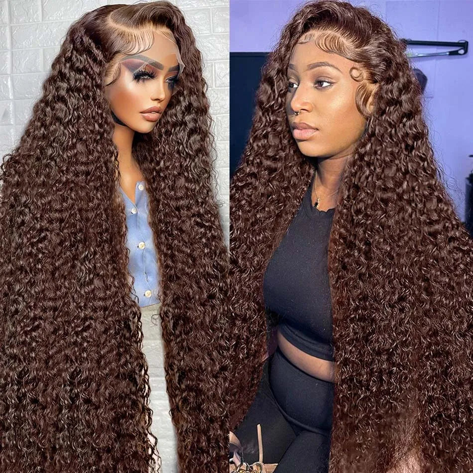 Deep Curly Human hair Wigs Chocolate Brown 13x4 13x6 Hd Lace Frontal Wig Colored Water Wave Lace Front Wig For Women 30 36 Inch