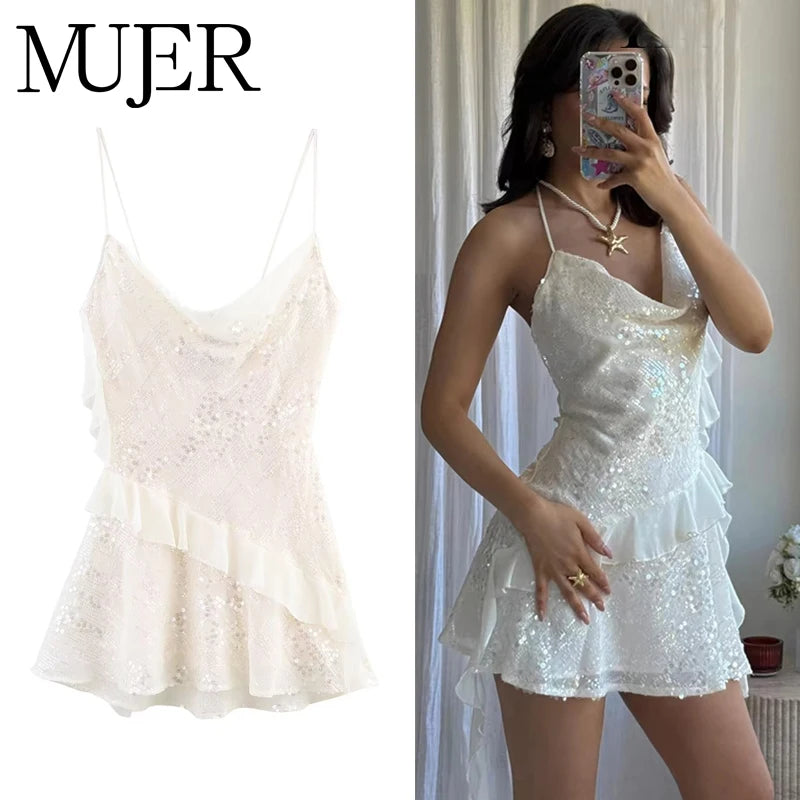 MUJER 2025 Sequin Mini Dress Woman Sexy Slip Party Dresses for Women Summer Backless Women's Dress Straps Beach Short Dresses