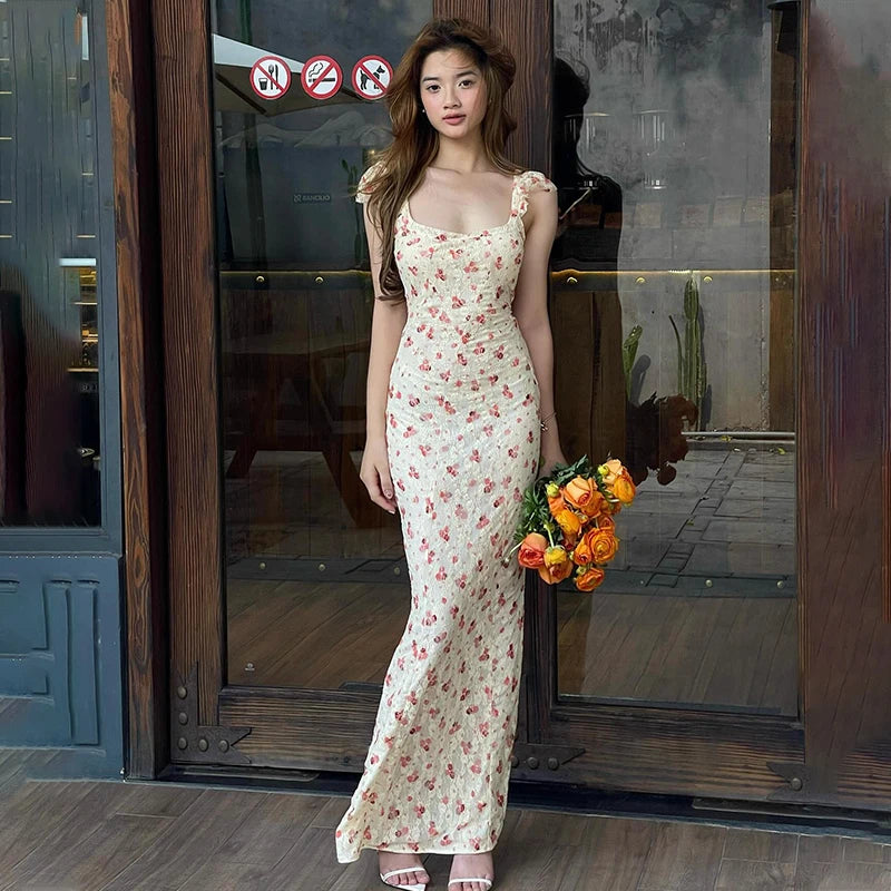 WhereMery Sexy Square-neck Long Maxi Dress Y2K Elegant Vintage Floral Printed Party Dresses Spring Summer Holiday Style Vestidos