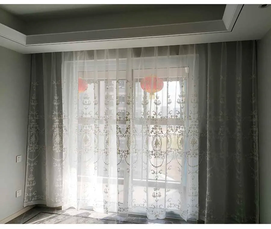 White Elegant Lxury Curtains, Tulle Contain Pearls Embroidery Beads Window Drapes ,Curtain Volie Sheer for Living Room Finished