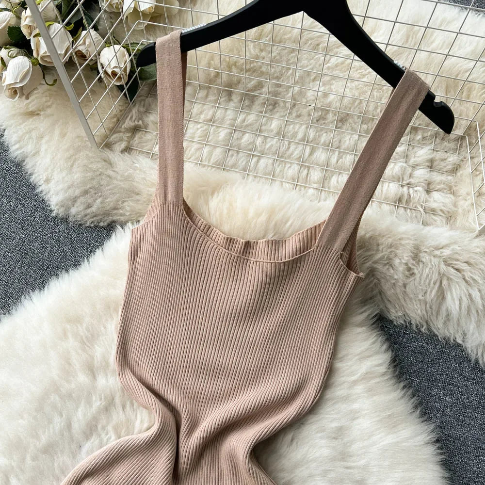 Summer Knit Sexy Strap Dress Women Tank Elatic Waist Bodycon Sundress Female Beach  Backless Maxi Long Dress