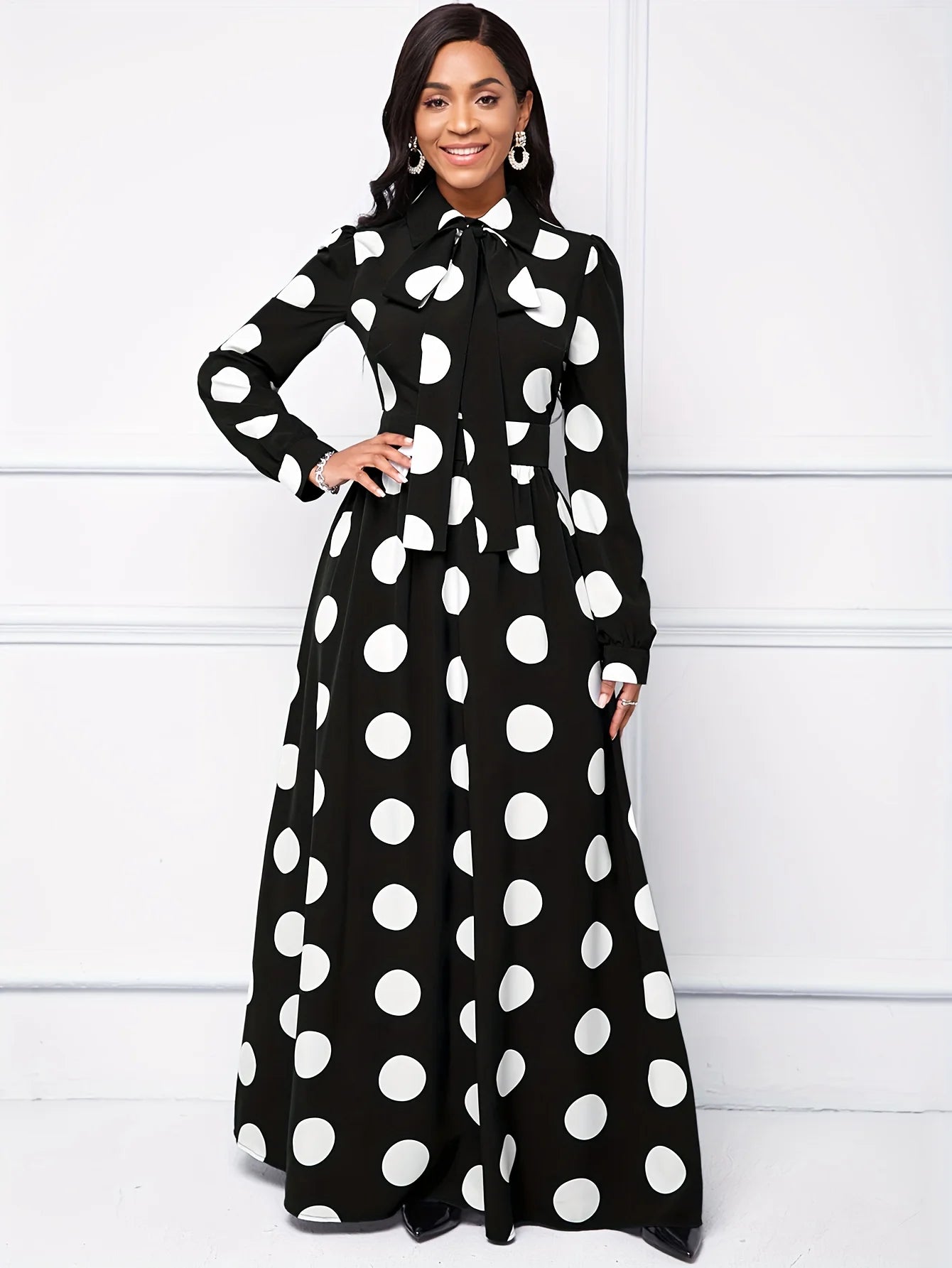 Casual Dresses Elegant Women Long Dress Sleeve Female Robe Bow Knot Polka Dots Girl's Vestidos Lady's Maxi Dresses