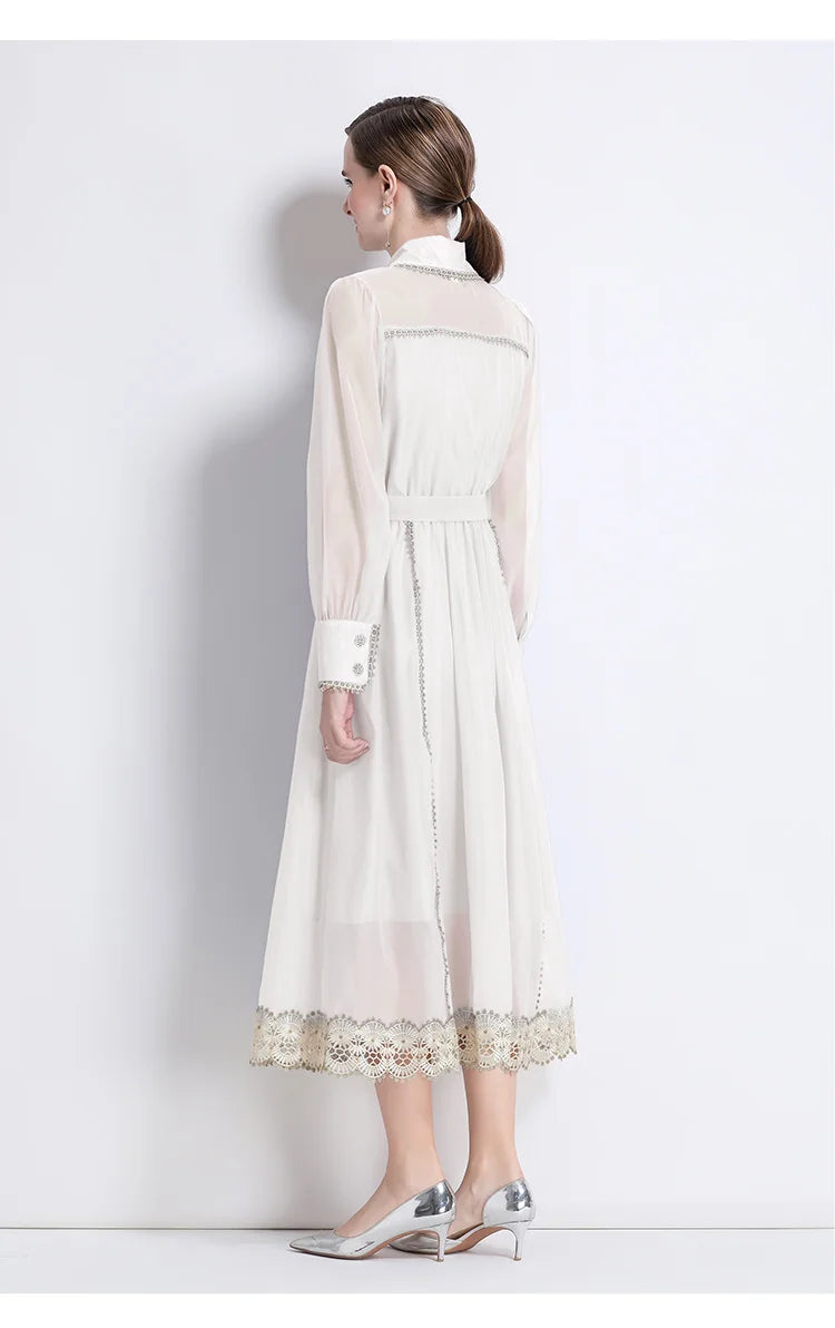 Dresses for Women Fashion Long Sleeve Turn Down Collar Women Dress White Sashes A-LINE Dress Women Vestidos De Verano Mujer Q337