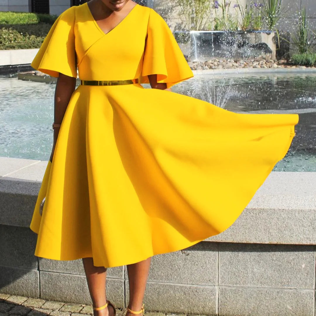 Elegant Party Dresses for Women V Neck Ruffles Sleeve High Waisted Pleated Mid Calf Luxury Birthday Dinner Vestidos Mujer Dress