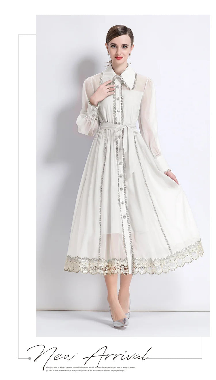 Dresses for Women Fashion Long Sleeve Turn Down Collar Women Dress White Sashes A-LINE Dress Women Vestidos De Verano Mujer Q337