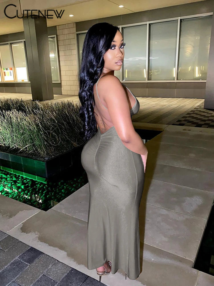 Cutenew Red Shiny Spaghetti Strap Maxi Dress Women Solid Sexy Backless Ruched Cleavage Body-shaping Robe Lady Hipster Streetwear