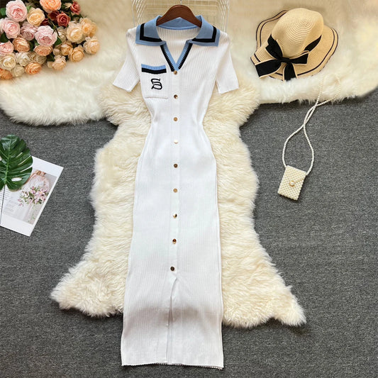 YuooMuoo Chic Fashion Sexy Package Hips Knitted Long Dress Women Brand Fashion Turn-down Collar Embroidery Bodycon Shirt Dress