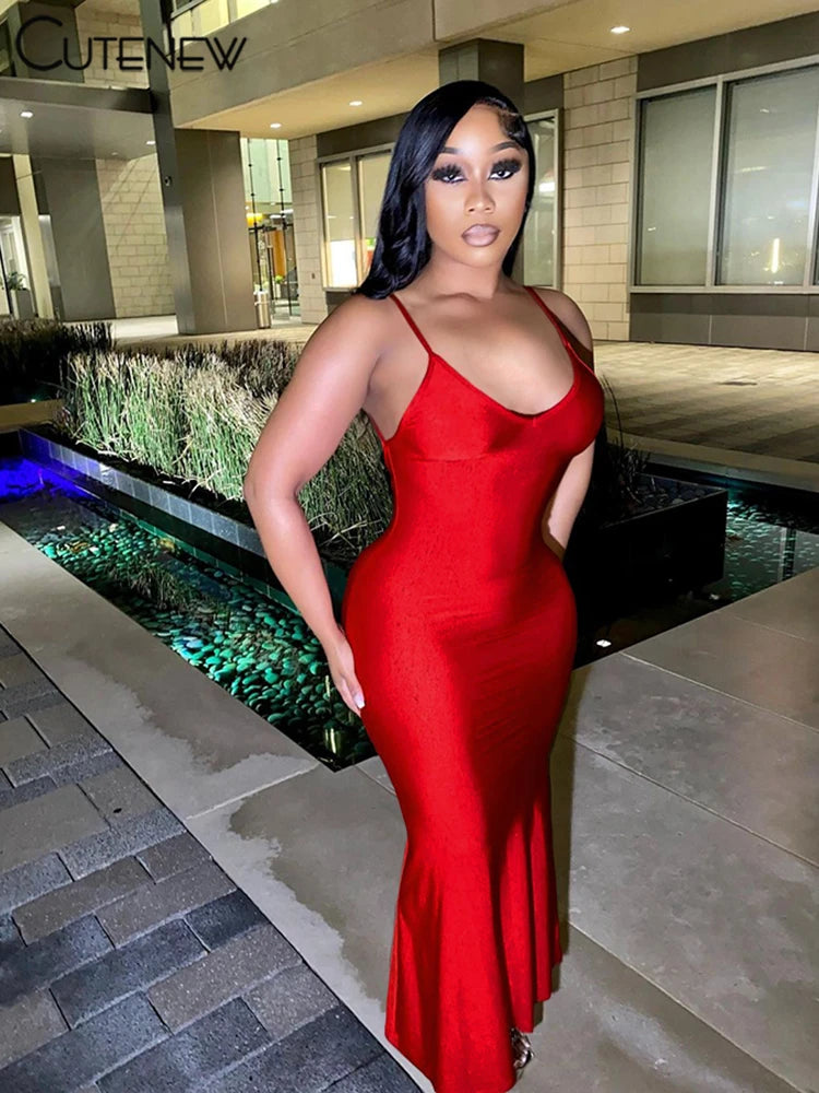 Cutenew Red Shiny Spaghetti Strap Maxi Dress Women Solid Sexy Backless Ruched Cleavage Body-shaping Robe Lady Hipster Streetwear