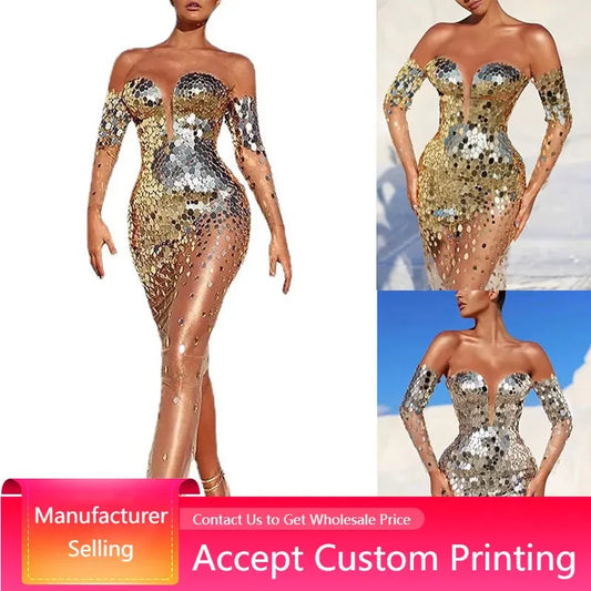 Evening Dress Elegant  One Shoulder Sleeveless Sequined Mesh Temperament Sexy Long Dress Women Bodycon Party Formal Dress