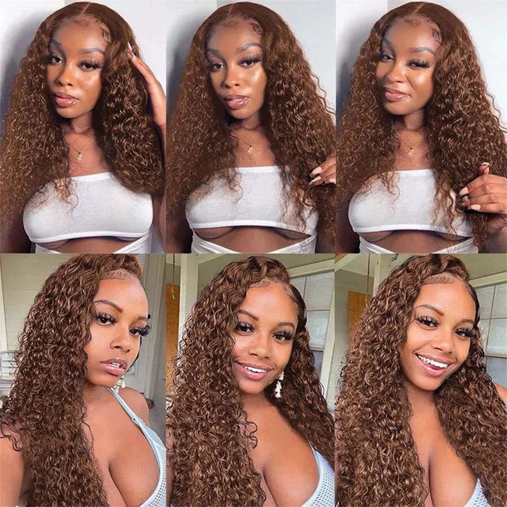 Deep Curly Human hair Wigs Chocolate Brown 13x4 13x6 Hd Lace Frontal Wig Colored Water Wave Lace Front Wig For Women 30 36 Inch