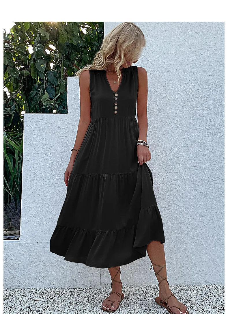 Dresses for Women 2025 Summer V-neck Single-breasted Vest Dress Sleeveless Loose Casual Solid Color Dress Vestidos De Mujer