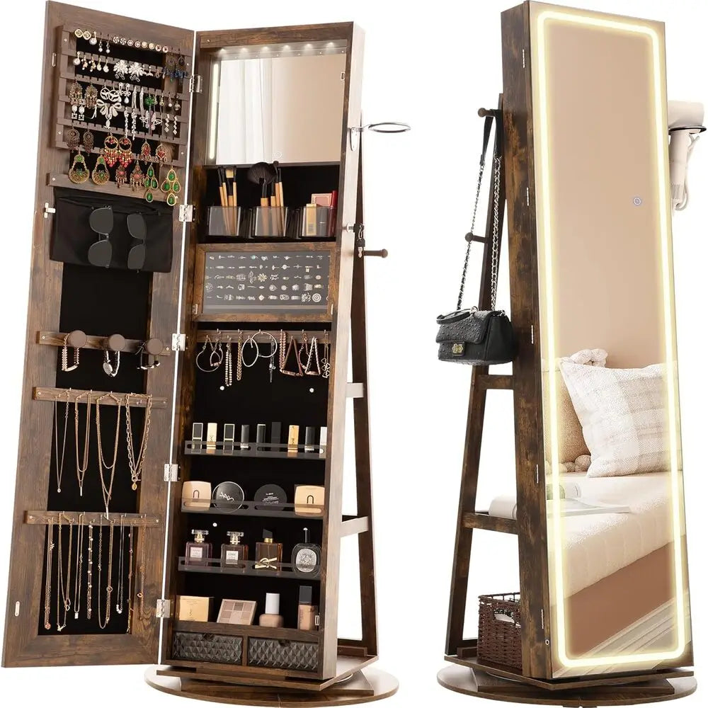 IRONCK LED Mirror Jewelry Cabinet Standing,360° Swivel Lockable Jewelry Armoire with Full Length Mirror and Adjustable LED Light