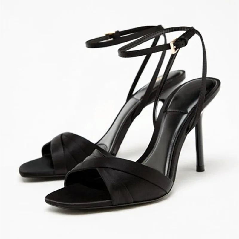 Summer Designer Heeled Sandals Women Sexy Peep Toe Thin High Heels Elegant Satin Ankle Strap Pumps Luxury Banquet Dress Shoes