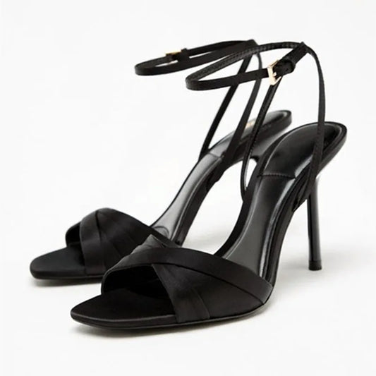 Summer Designer Heeled Sandals Women Sexy Peep Toe Thin High Heels Elegant Satin Ankle Strap Pumps Luxury Banquet Dress Shoes