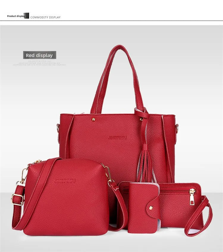 4pcs/set Tassel Bucket Women's Handbag Stylish Crossbody Bag Clutch and Wallet, Solid Color PU Shoulder Bags for Women Daily Use