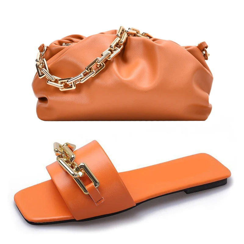 High Quality Purse And Handbag PU Leather Purses And Chain Sandals Sets Flat Shoes And Bag Set Matching Handbag For Women Luxury