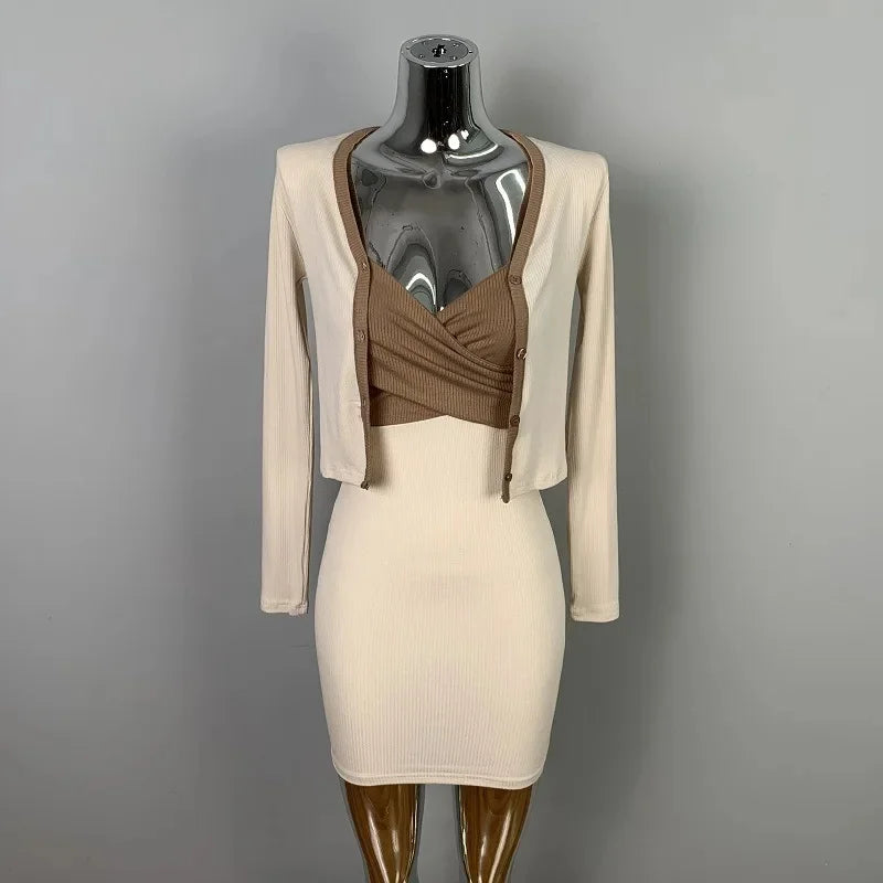 Korean Dongdaemun Slim Fit Sexy Pure Desire Wrap Body Strap Dress Long Sleeve Cardigan Two Piece Set Women's Fashion Outfit