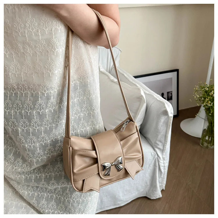 Sweet Bow Small Underarm Bag for Women Fashion PU Leather Ladies Portable Shoulder Bags Solid Color Female Clutch Handbags