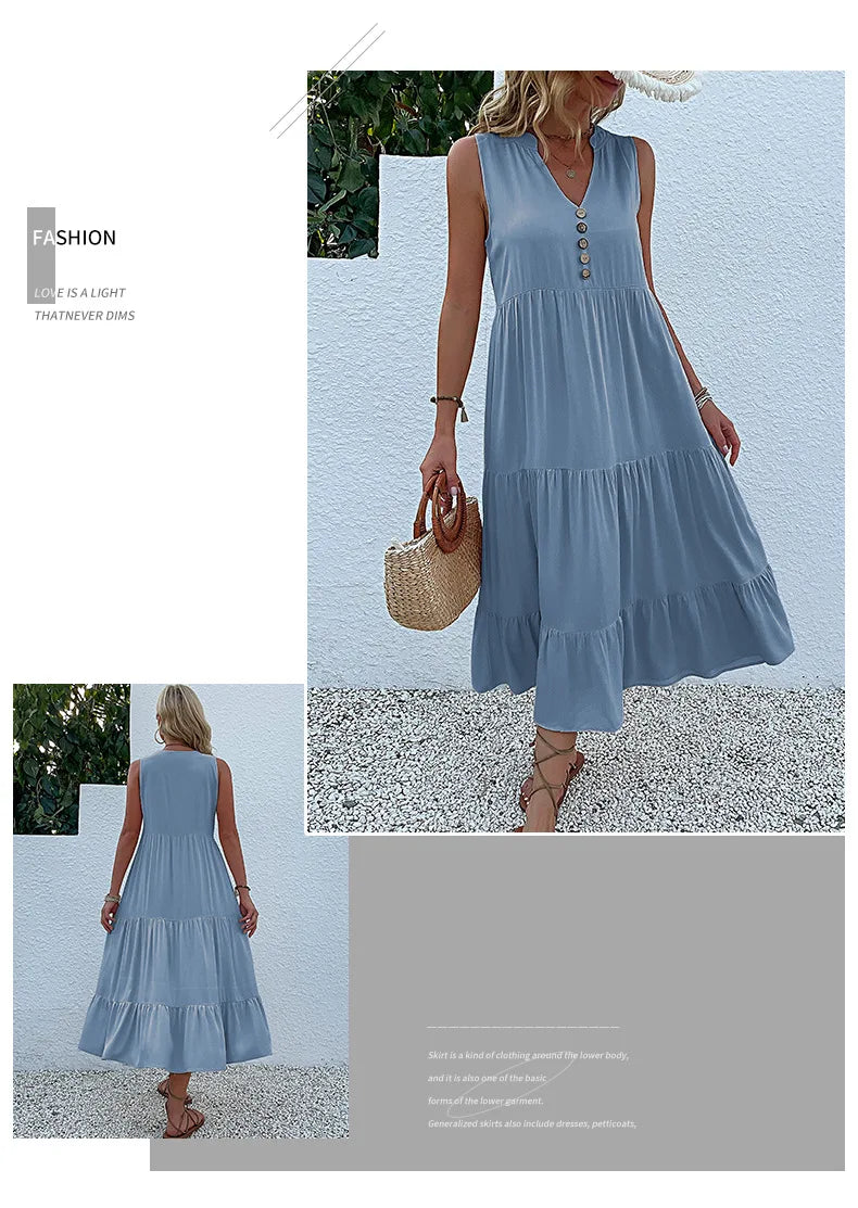 Dresses for Women 2025 Summer V-neck Single-breasted Vest Dress Sleeveless Loose Casual Solid Color Dress Vestidos De Mujer