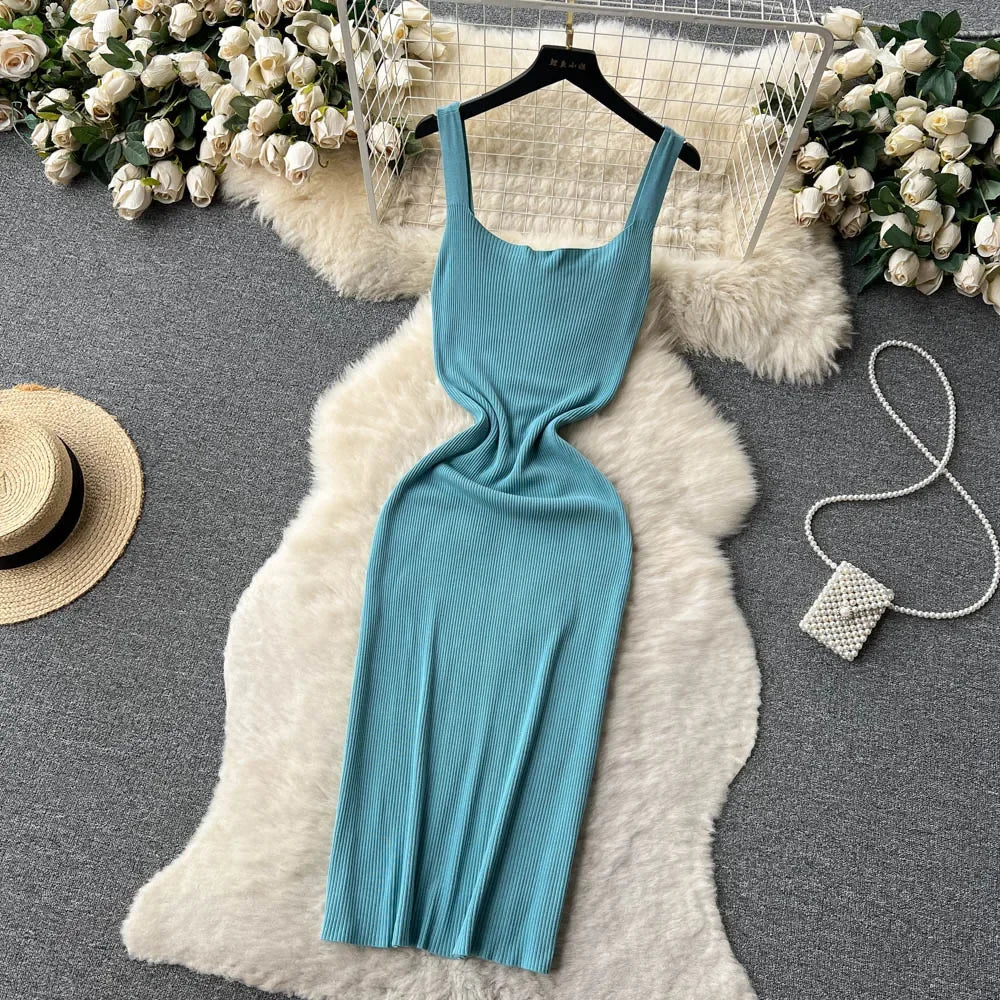 Summer Knit Sexy Strap Dress Women Tank Elatic Waist Bodycon Sundress Female Beach  Backless Maxi Long Dress
