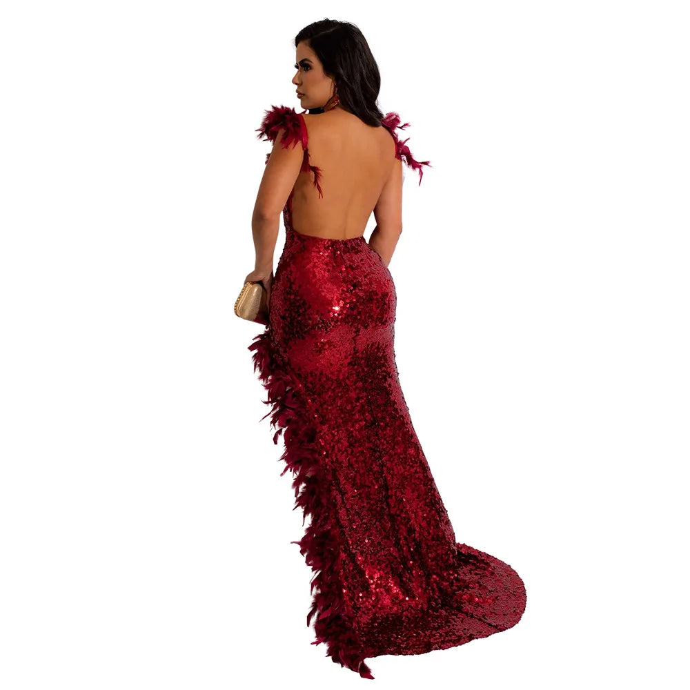 Dress Floor Length Dresses Women Party Gown Sequin Feather Hip Wrap Sexy Slim Fit Vestidos Sleeveless V Neck Backless Evening