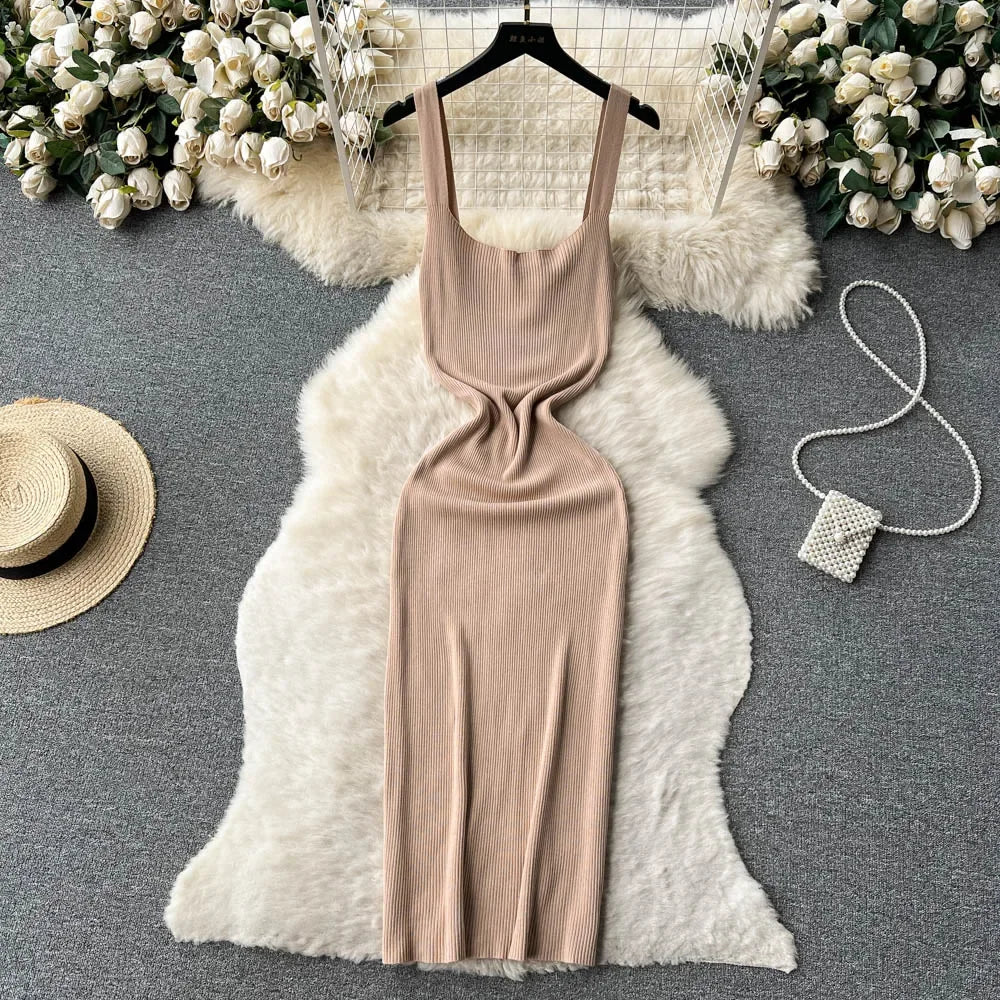 Summer Knit Sexy Strap Dress Women Tank Elatic Waist Bodycon Sundress Female Beach  Backless Maxi Long Dress
