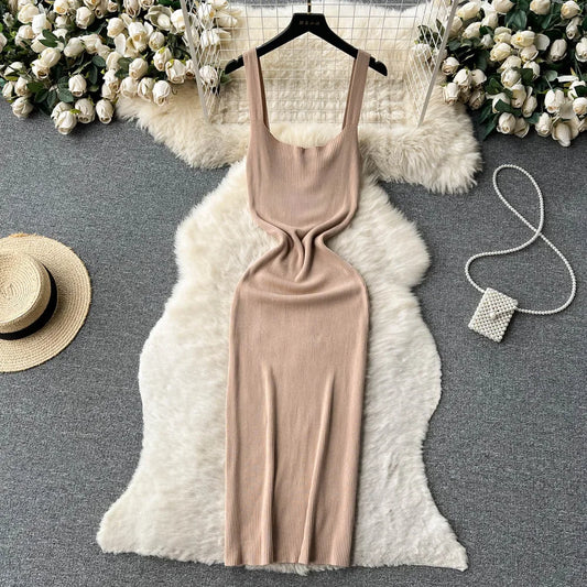 Summer Knit Sexy Strap Dress Women Tank Elatic Waist Bodycon Sundress Female Beach  Backless Maxi Long Dress