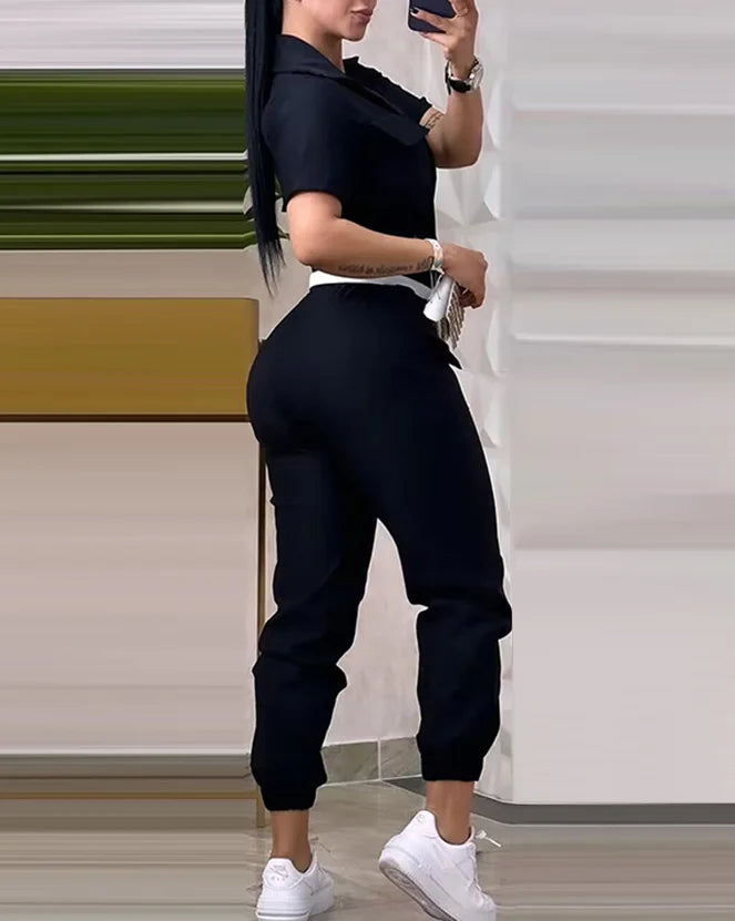 Sexy Elegant New Fashion 2024 Summer Casual Female Clothing Outfits Solid Color Short Sleeved High Waisted Workwear Jumpsuit