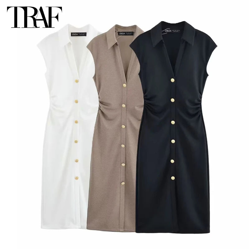 MUJER 2025 Pleated Midi Dresses for Women Sleeveless Shirt Dress Woman White Black Women's Summer Dress Draped Party Dress Women