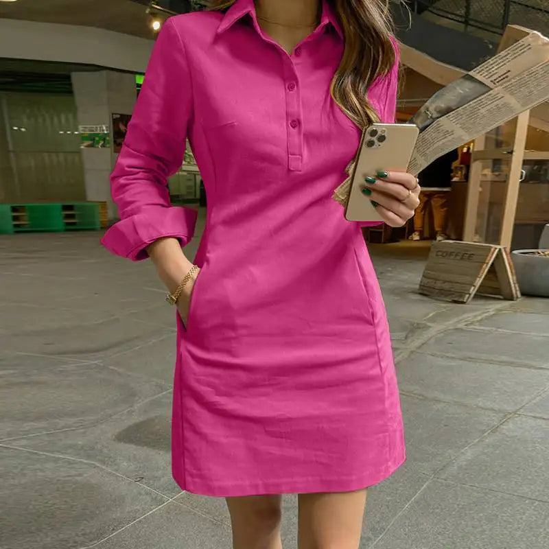 VONDA 2025 Summer Shirt Dress Women Elegant Long Sleeve Solid Color Sundress Casual Loose Buttons Pockets Short Mini Vestidos