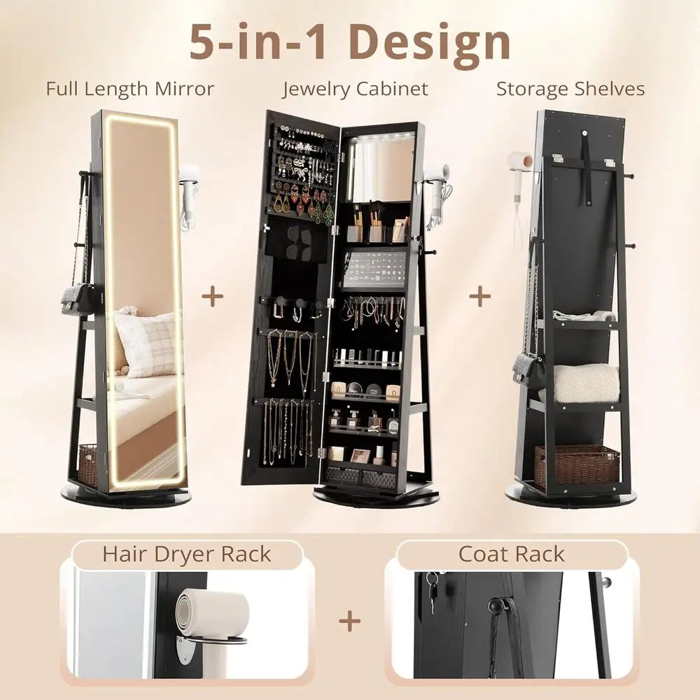 IRONCK LED Mirror Jewelry Cabinet Standing,360° Swivel Lockable Jewelry Armoire with Full Length Mirror and Adjustable LED Light