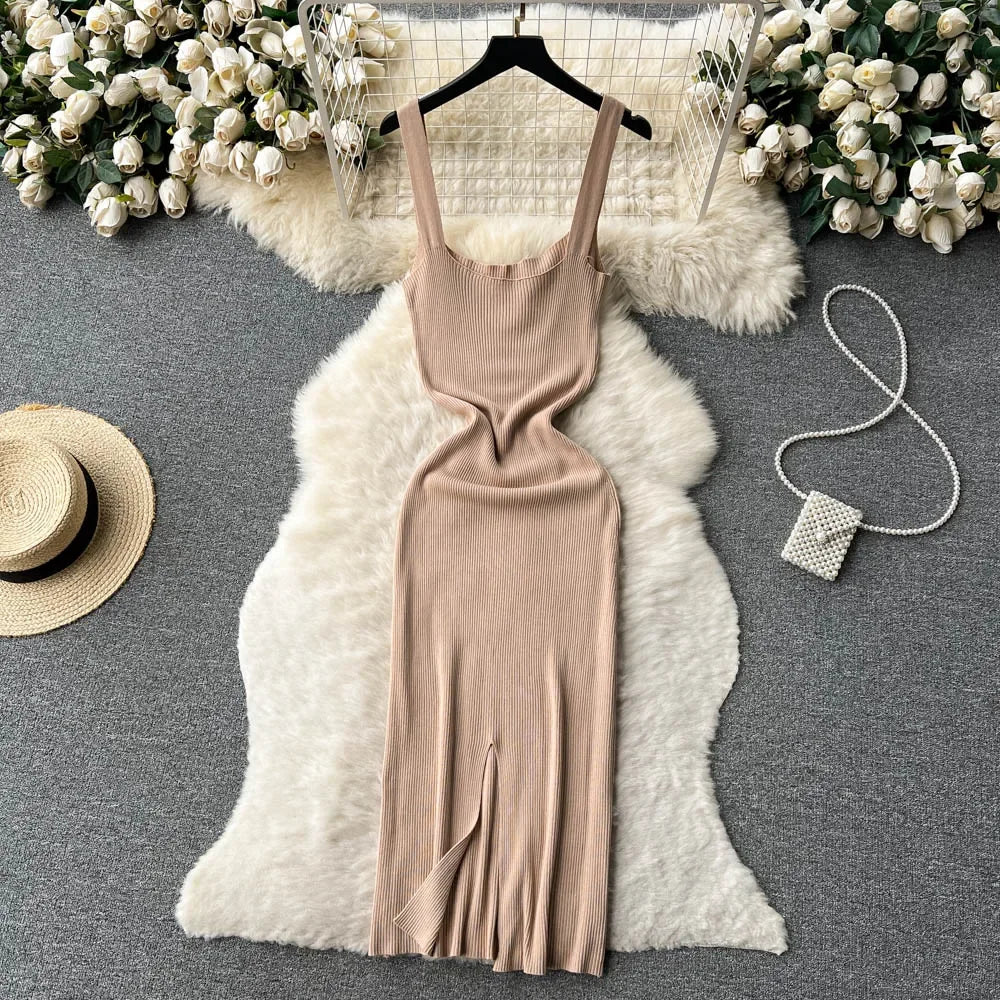 Summer Knit Sexy Strap Dress Women Tank Elatic Waist Bodycon Sundress Female Beach  Backless Maxi Long Dress