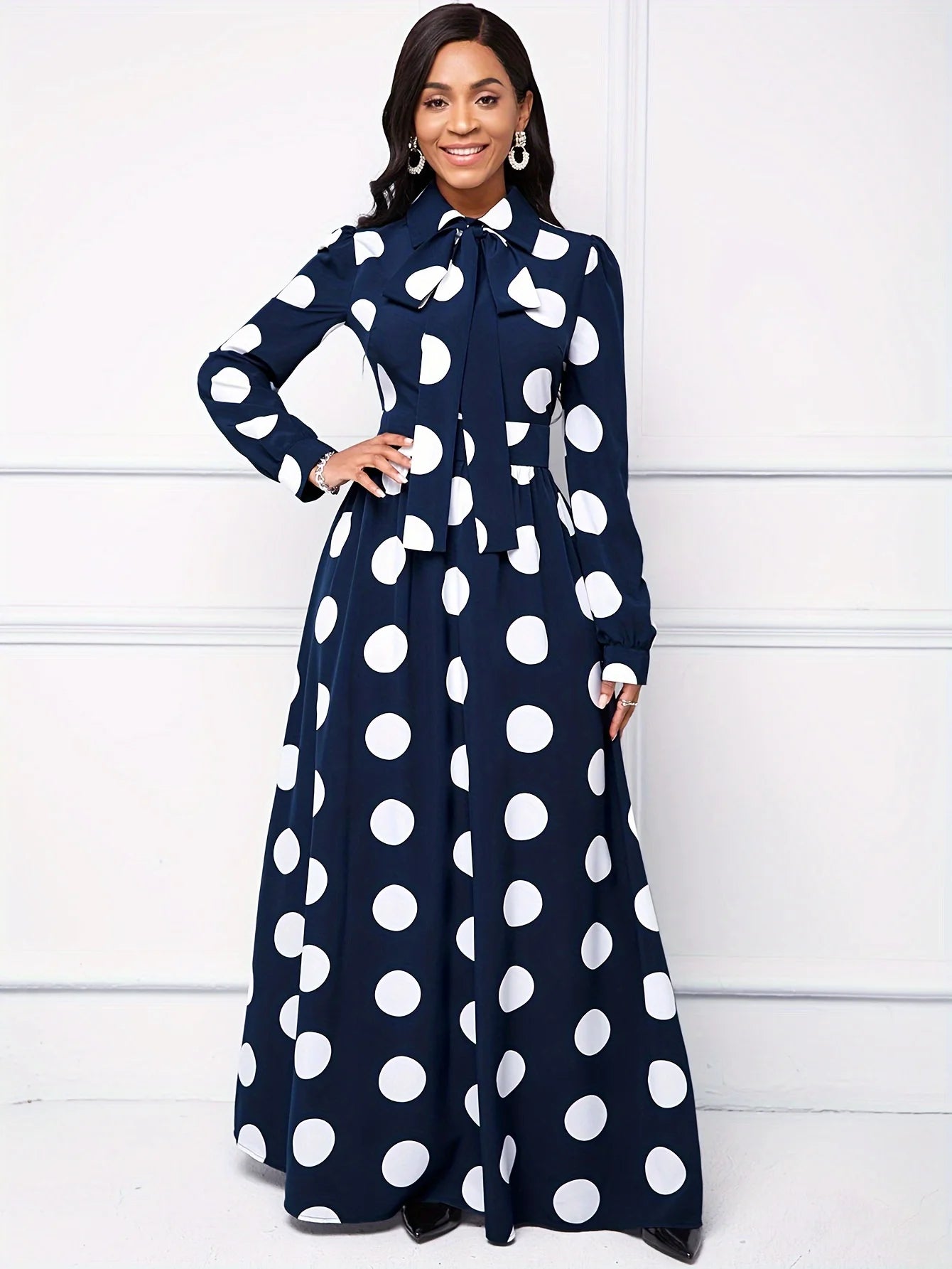 Casual Dresses Elegant Women Long Dress Sleeve Female Robe Bow Knot Polka Dots Girl's Vestidos Lady's Maxi Dresses