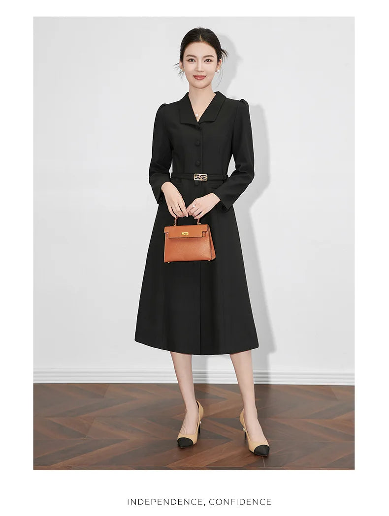 Dresses For Women 2024 Luxury Brand Autumn Long Dress Women's Turn-down Collar Sleeves Single Breasted Sashes Office Lady