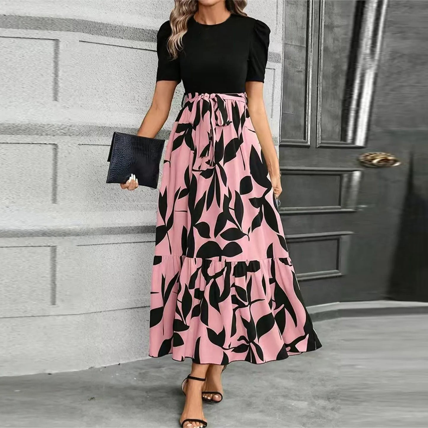 Dresses Elegant Office Lady Outfits A-line Lace-up Slim Fit Waist Ruffle Hem Skirt Women Dress Summer vestidos de mujer casuales