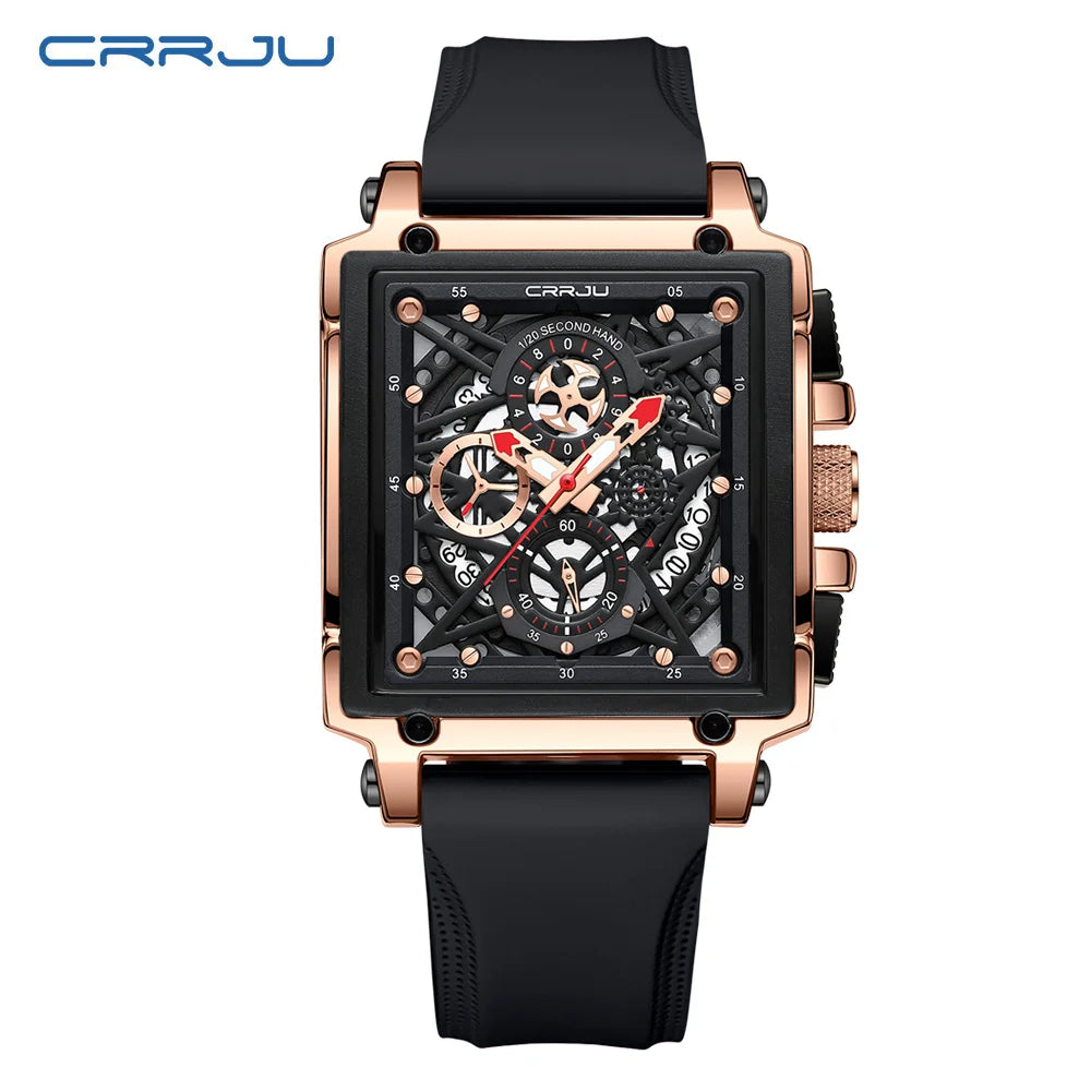 CRRJU Fashion Sports Watches with Large Dial Unique RectangularHollow Design Quartz Wristwatches with Chrongraph Auto Date