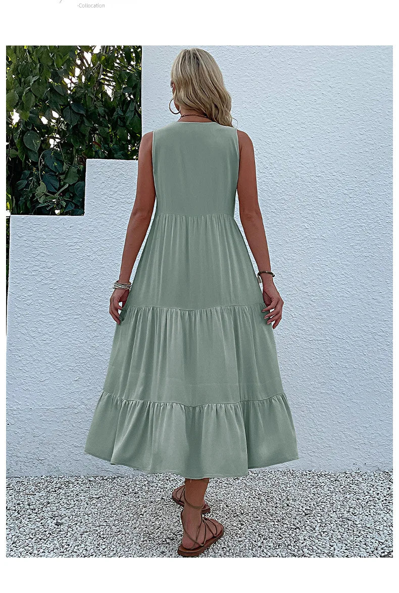 Dresses for Women 2025 Summer V-neck Single-breasted Vest Dress Sleeveless Loose Casual Solid Color Dress Vestidos De Mujer