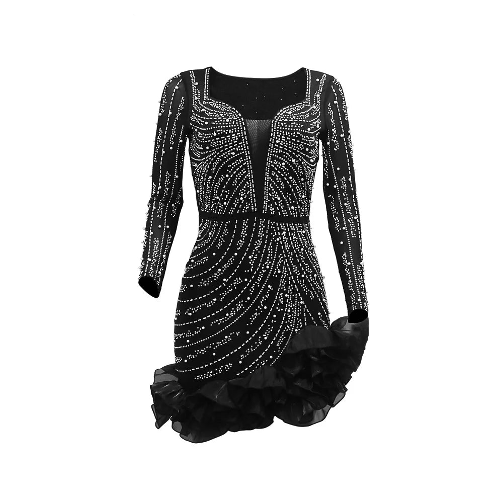 Women Dress Diamonds Splice Ruffles Mini Dresses Square Collar Full Sleeve Slim Fit Sold Evening Party Vestidos Elegant Ladies