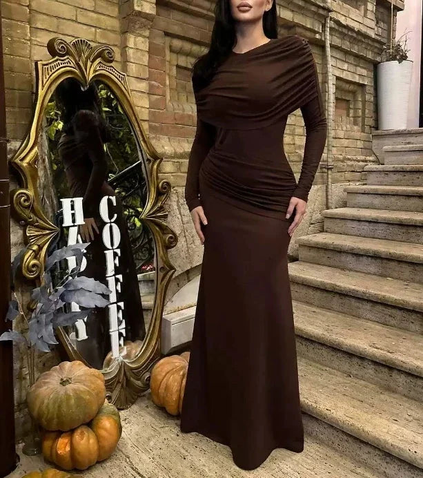 Womens Dresses  Spring New Round Neck Long Sleeves Elegant Temperament Ruched Waist Cinching Skinny Evening long Dress