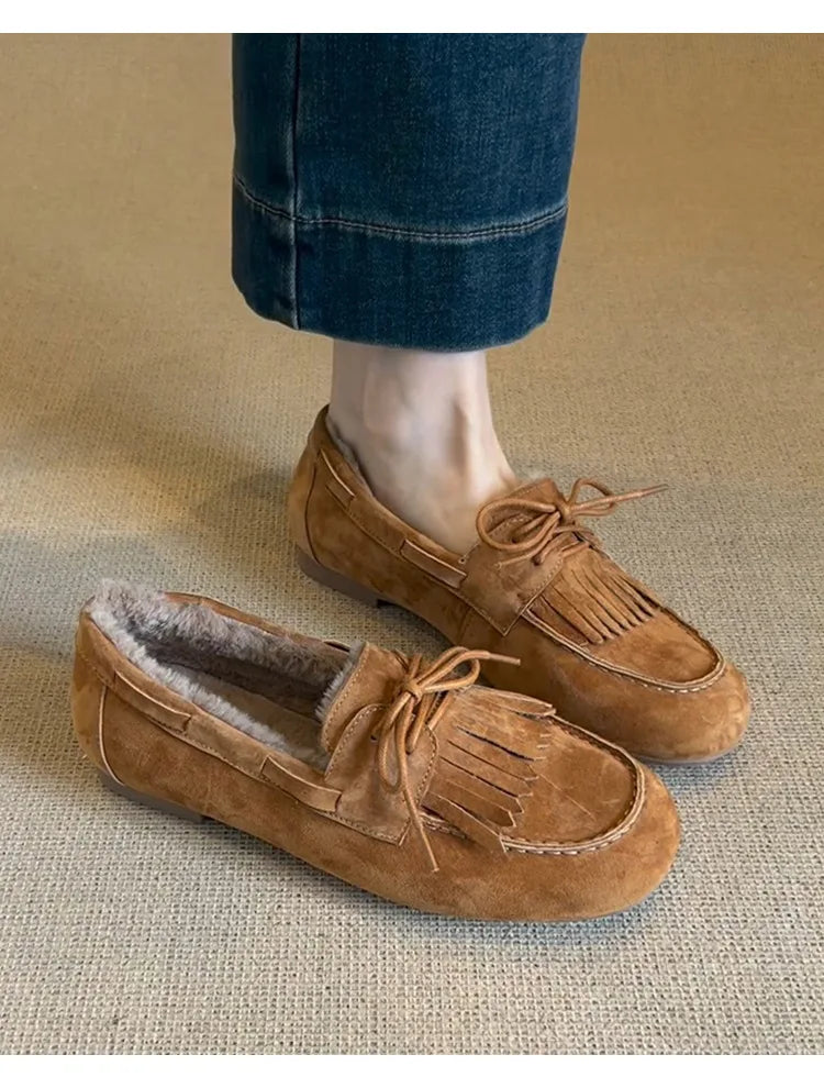 Boots for Women 2025 Hot Sale Warm Women's Flats Daily Casual Flats Women Bow Tie Fringe Round Toe Soft Bottom Boots Ladies