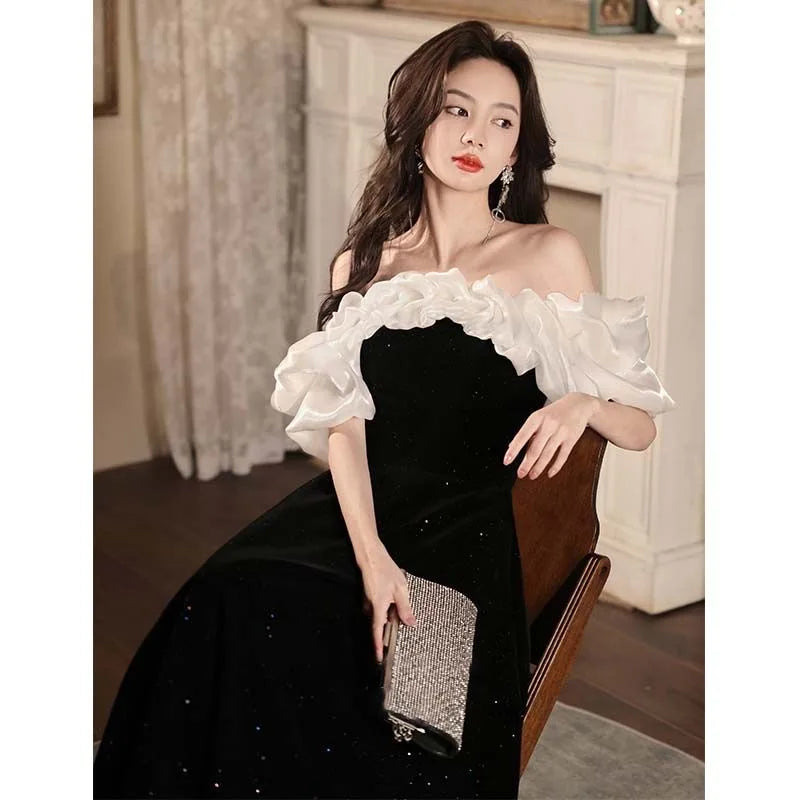 Black evening dress for women 2025 new banquet performance dress engagement high-end velvet sparkling
