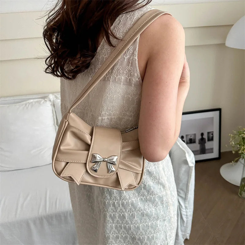 Sweet Bow Small Underarm Bag for Women Fashion PU Leather Ladies Portable Shoulder Bags Solid Color Female Clutch Handbags