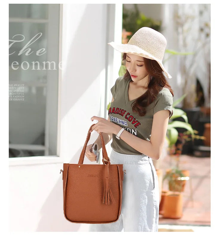 4pcs/set Tassel Bucket Women's Handbag Stylish Crossbody Bag Clutch and Wallet, Solid Color PU Shoulder Bags for Women Daily Use