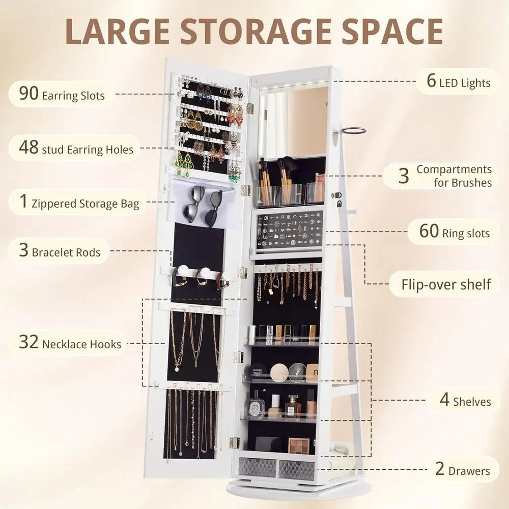 IRONCK LED Mirror Jewelry Cabinet Standing,360° Swivel Lockable Jewelry Armoire with Full Length Mirror and Adjustable LED Light