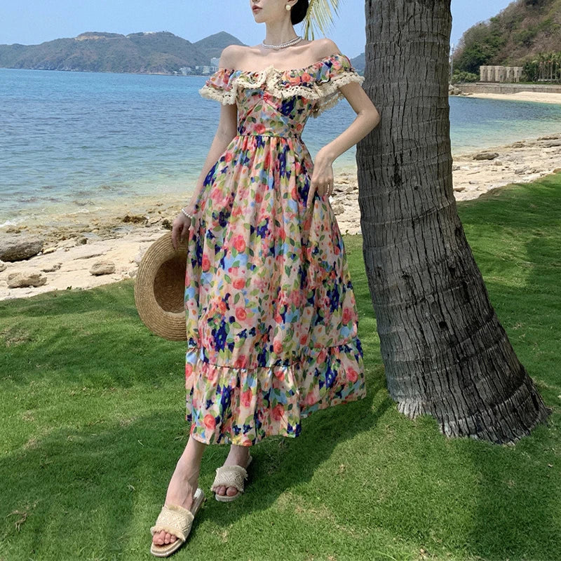 Elegant Dress for Women Print Slash Neck French Style Fashion Dresses Pleated Slim Folds Sweet Vintage New Women's Summer Dress