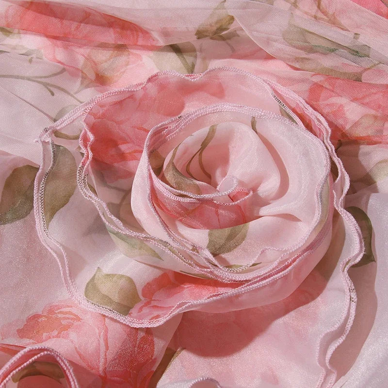 Evening Dresses for Women Sweet Floral Printing Slash Neck Short Sleeve High Waist Spliced Appliques Long Party Dress Female