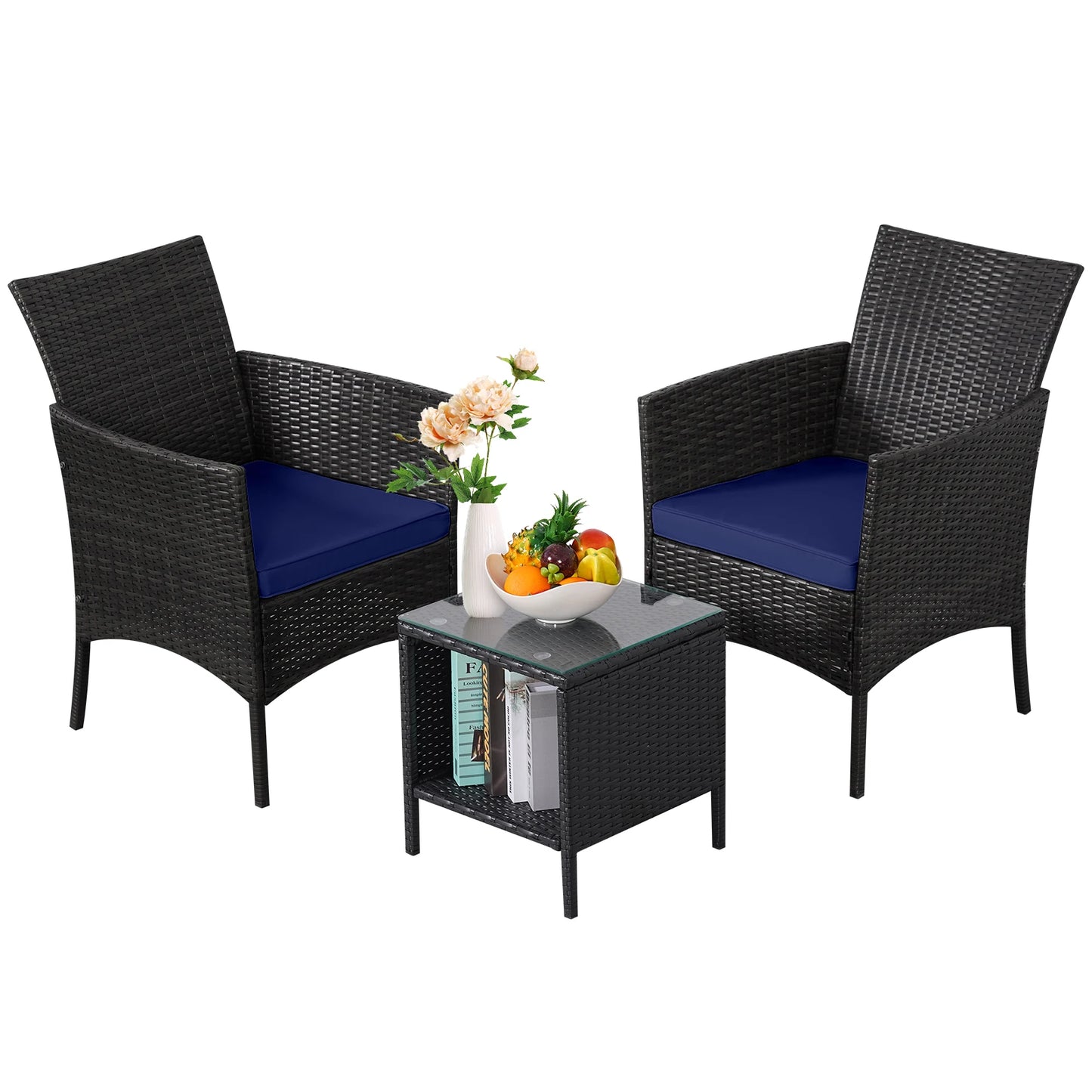 NAGA BAHNA 3-Piece Bistro Set Outdoor Patio Furniture Rattan Chairs Table Soft Cmats Tempered Glass Durable Comfortable Garden