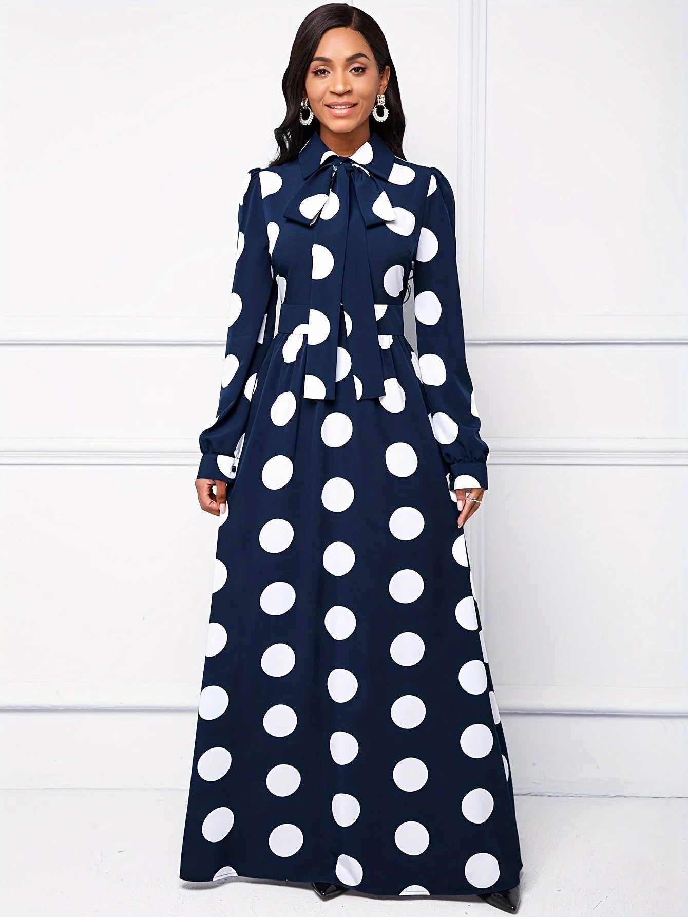 Casual Dresses Elegant Women Long Dress Sleeve Female Robe Bow Knot Polka Dots Girl's Vestidos Lady's Maxi Dresses